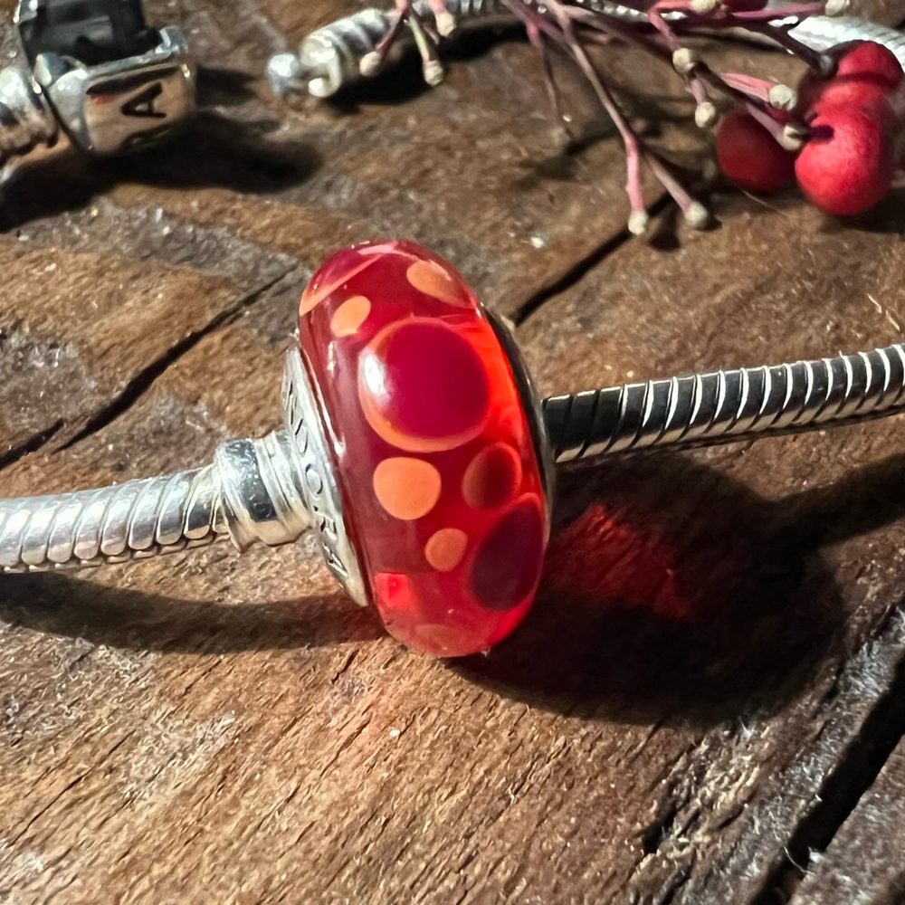 Authentic Pandora Charm Red Bubbles Murano Crimson Glass Bead Dotted Christmas
